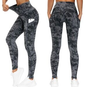 High Waist Yoga Pants Side Pockets Marble Print Grey Black Womens Small Leggings